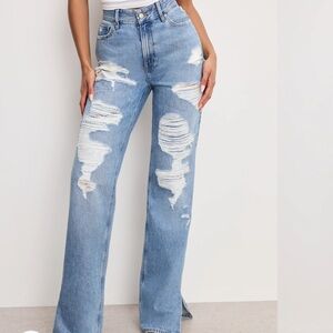 Good American Light Blue Distressed Flare Jeans